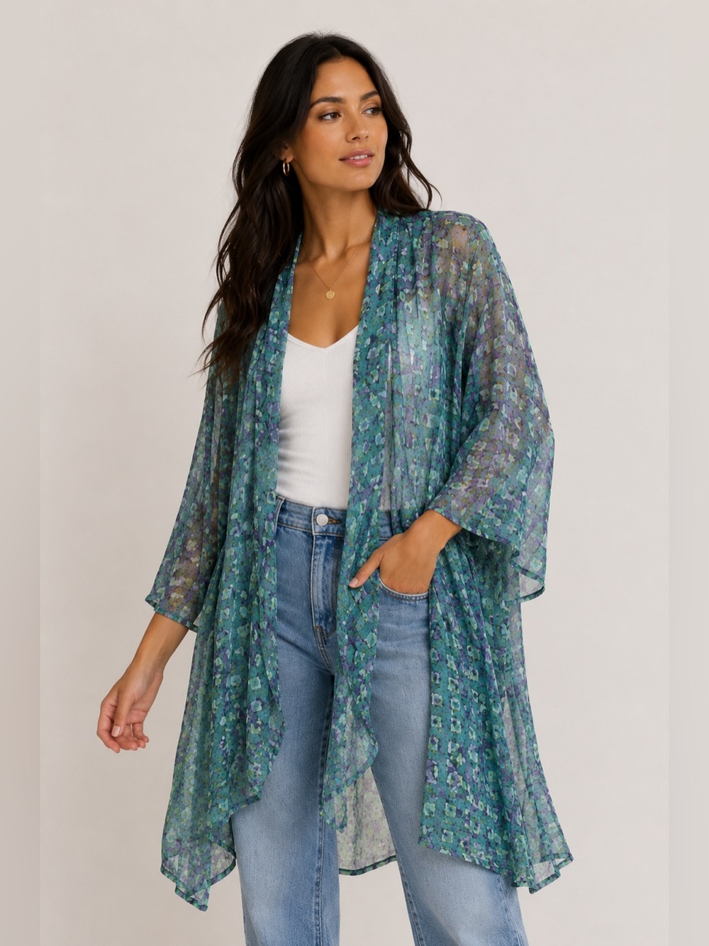 🌊🧜🏼‍♀️ Vintage 1980s Sheer Green & Purple Kimono Duster